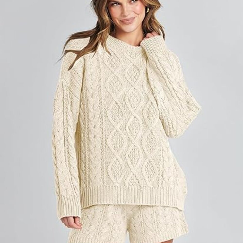 ANRABESS Women's Beige 2 Piece Cable Knit Pullover Sweater and Shorts Large - Picture 5 of 7